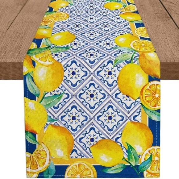 Summer Lemon Table Runner Navy Blue Tile Burlap  13x72 Inch - Picture 2 of 7